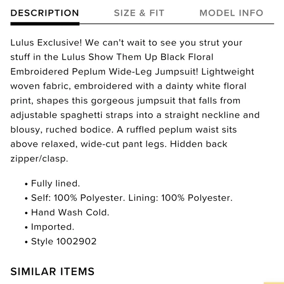 EUC Lulus Show Them Up Black Floral Embroidered Peplum Wide Leg Jumpsuit - Picture 3 of 15